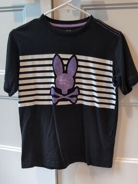 Psycho Bunny Black Tee with Purple Bunny Skull and White Stripes